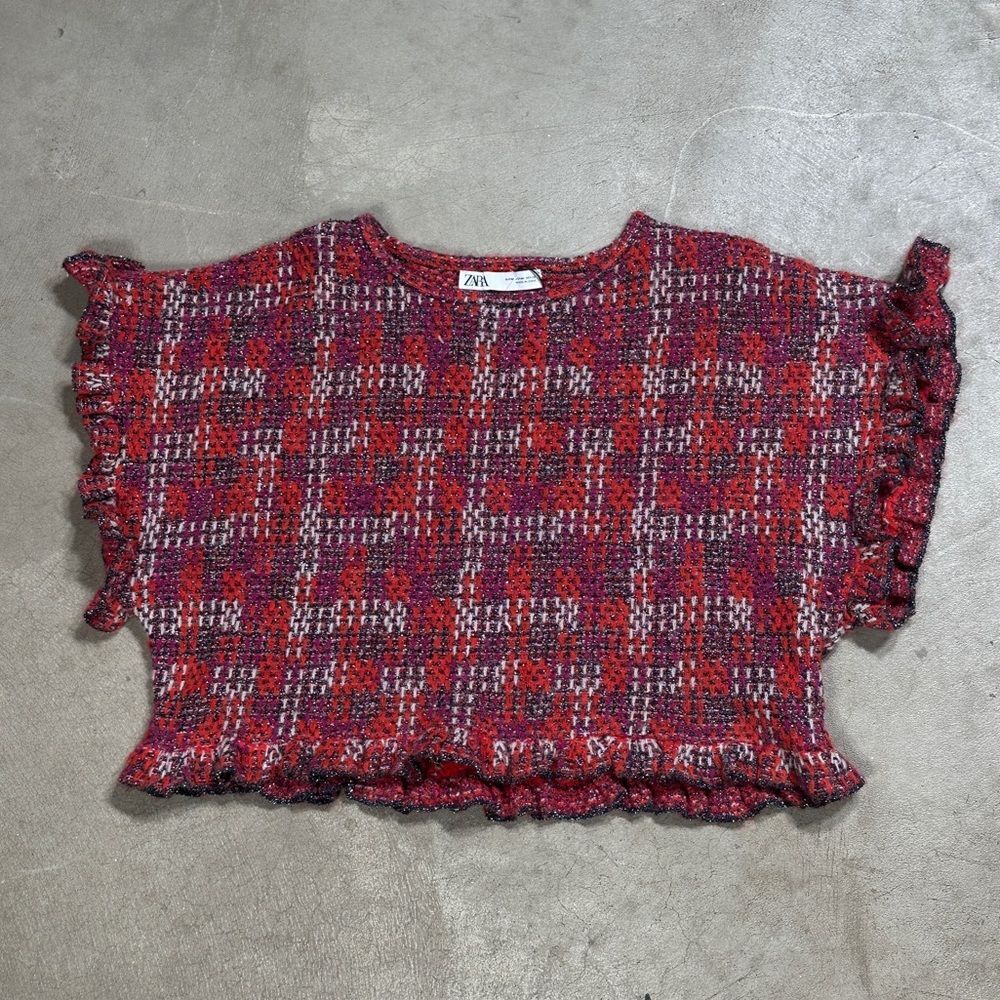 NWOT Zara plaid metallic ruffled sleeve knit crop top Women’s Medium